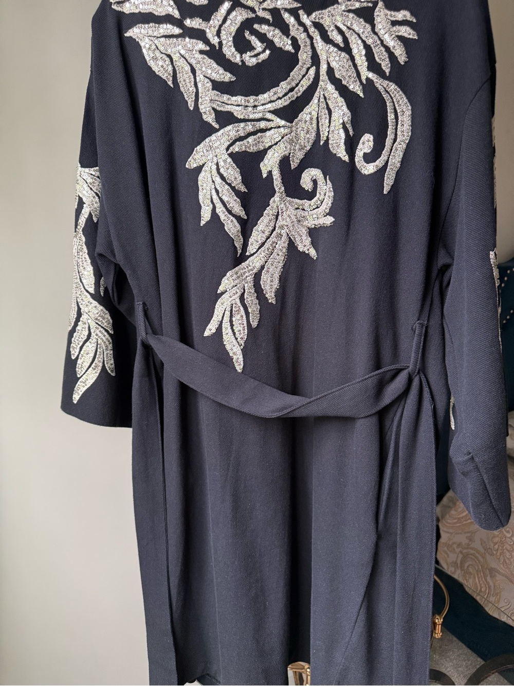 Embellished black Women's cardigan with Silver Leaf Detail